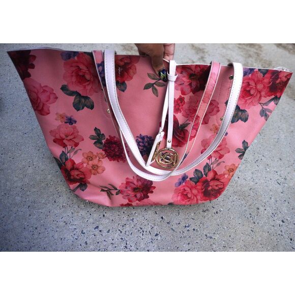 Bebe Reversible Floral Tote Bag Pink Vegan Leather Purse NWT Large - Picture 2 of 11